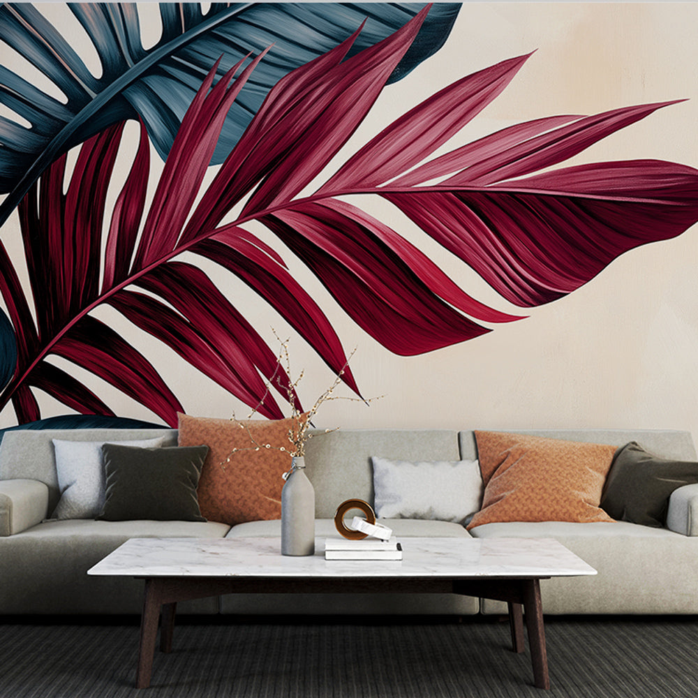 Tropical palm leaf wallpaper in burgundy and blue tones creating a cozy atmosphere in a modern living room setting