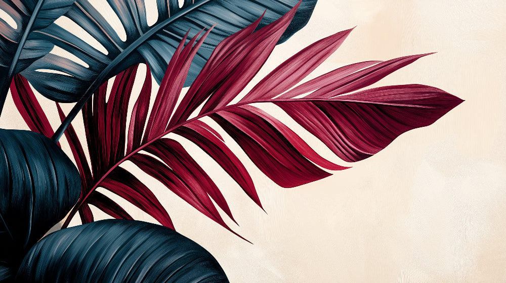 Burgundy palm leaves wallpaper design file showing intricate leaf pattern and rich color details