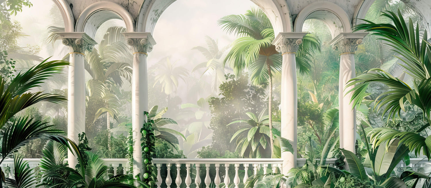 Design file showing detailed classical arches and tropical palm pattern