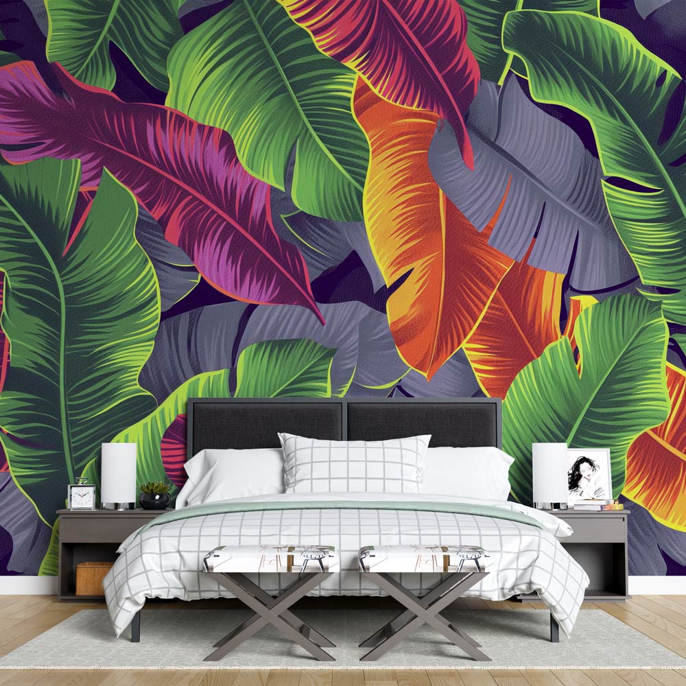 Tropical banana leaf wallpaper in modern living room showing vibrant colors against navy background