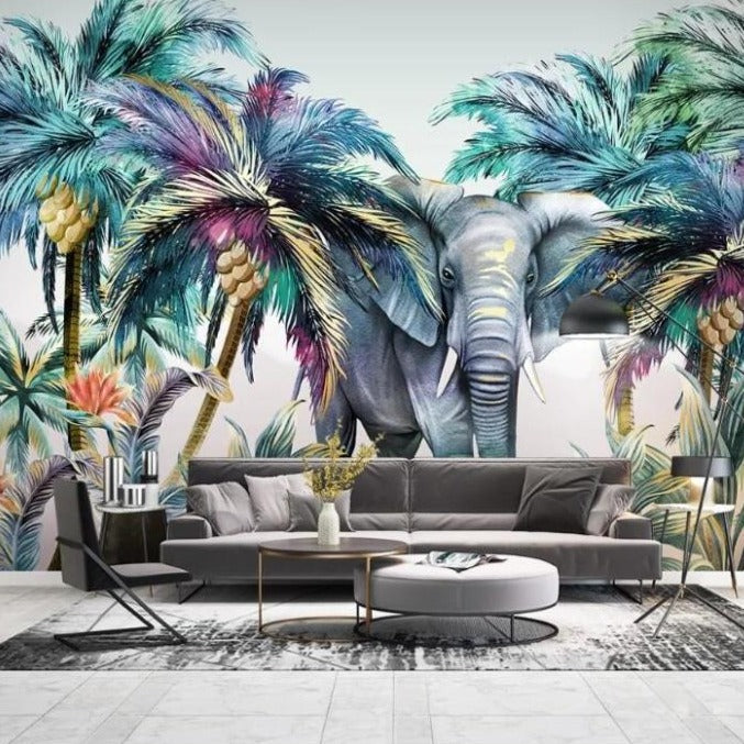 Tropical elephant wallpaper creating a stunning focal point in a modern living room with natural light