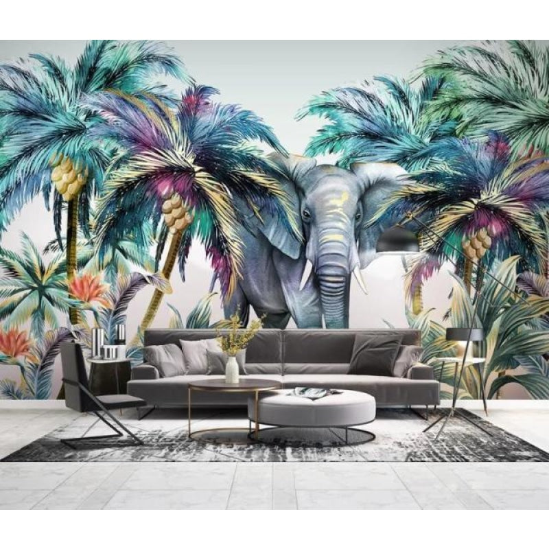 Vibrant tropical palm tree mural adding color to a cozy bedroom setting