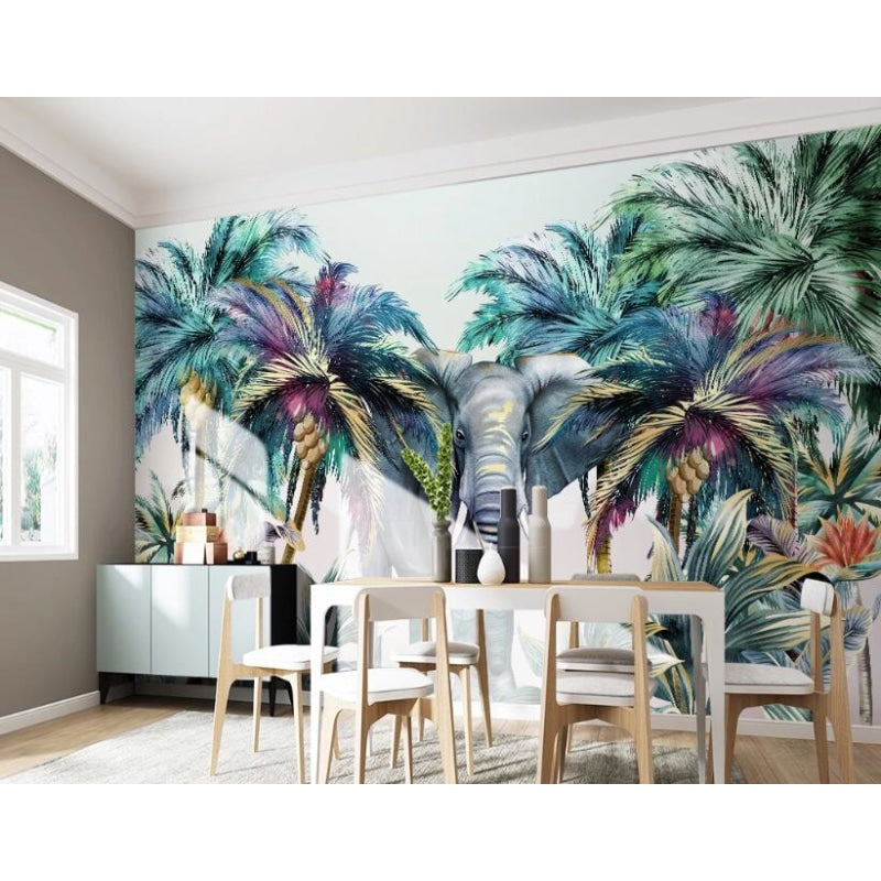 Elephant and palm trees wallpaper bringing life to a home office space