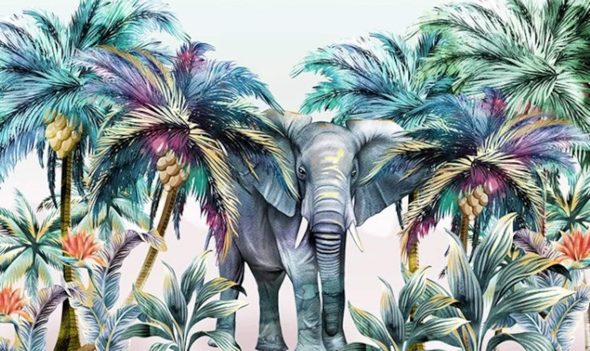 Design file of colorful elephant and palm trees pattern with vibrant tropical details