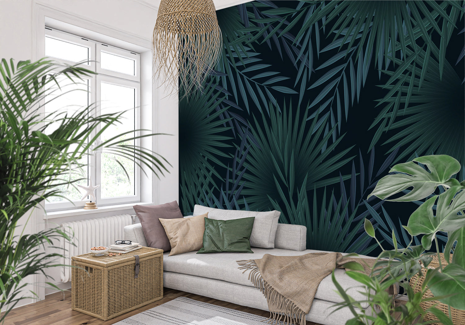 Tropical palm leaf wallpaper in modern living room creating a bold statement wall with deep green botanical pattern