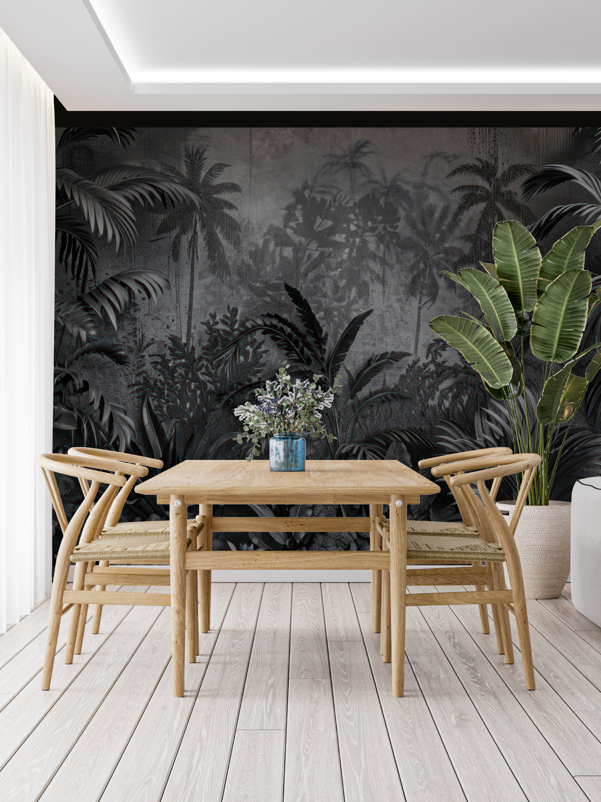 Dark jungle palm leaves wallpaper in modern living room creating dramatic atmosphere