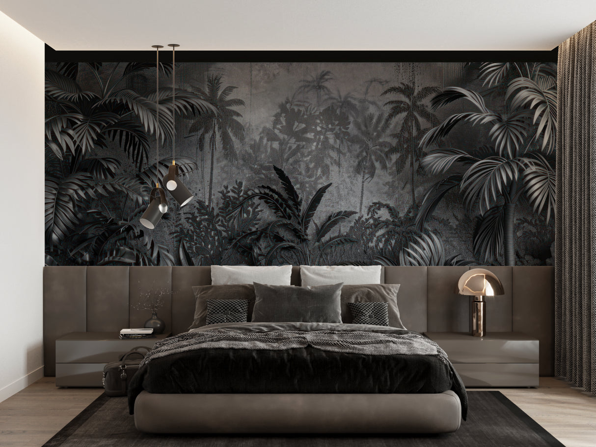 Tropical palm leaves mural in dining room with moody lighting
