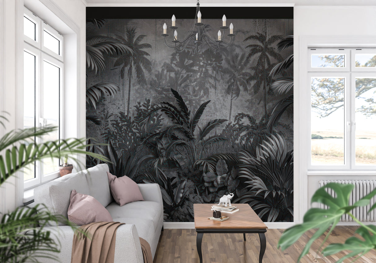 Black tropical wallpaper featured in master bedroom setting