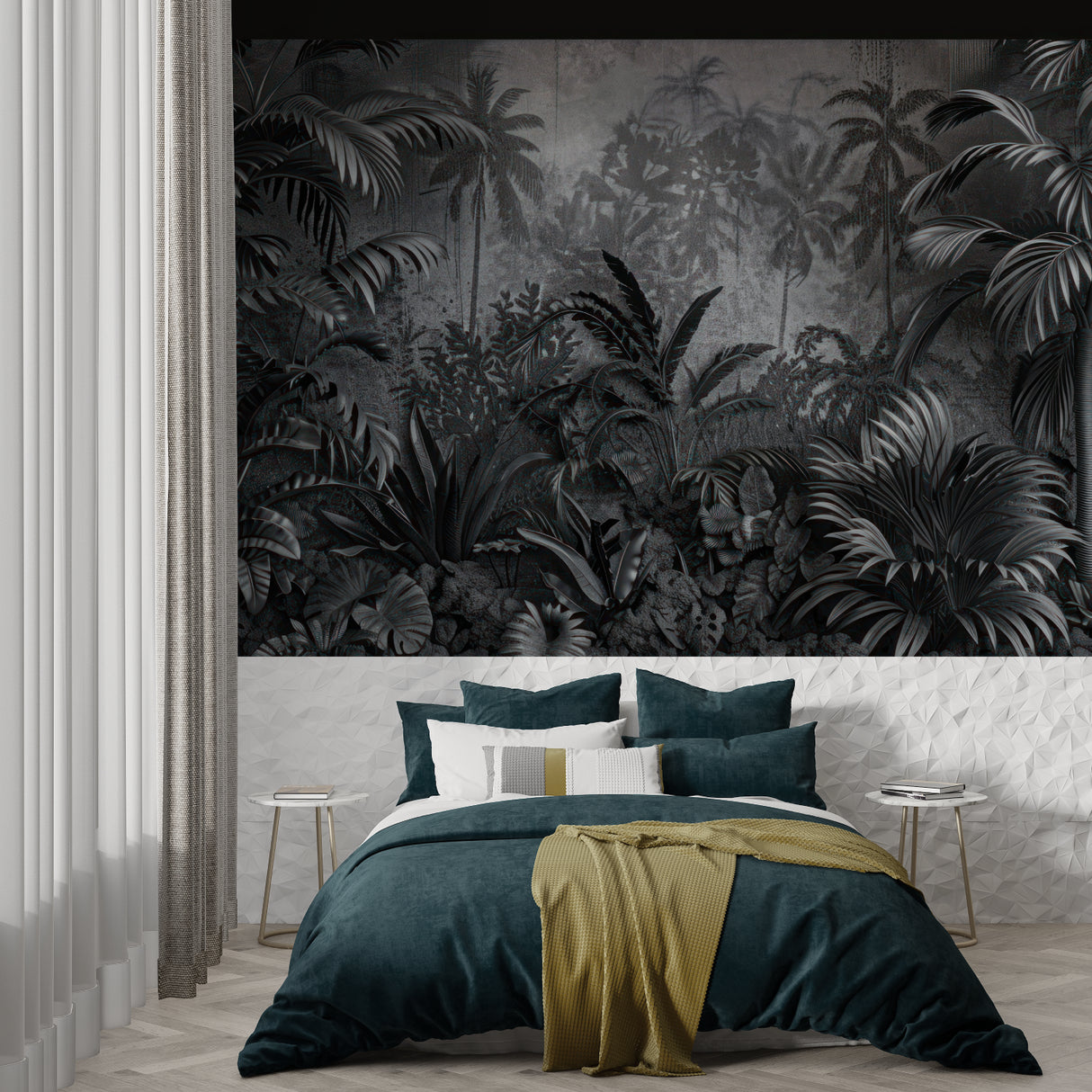 Dark botanical wall mural in home office space