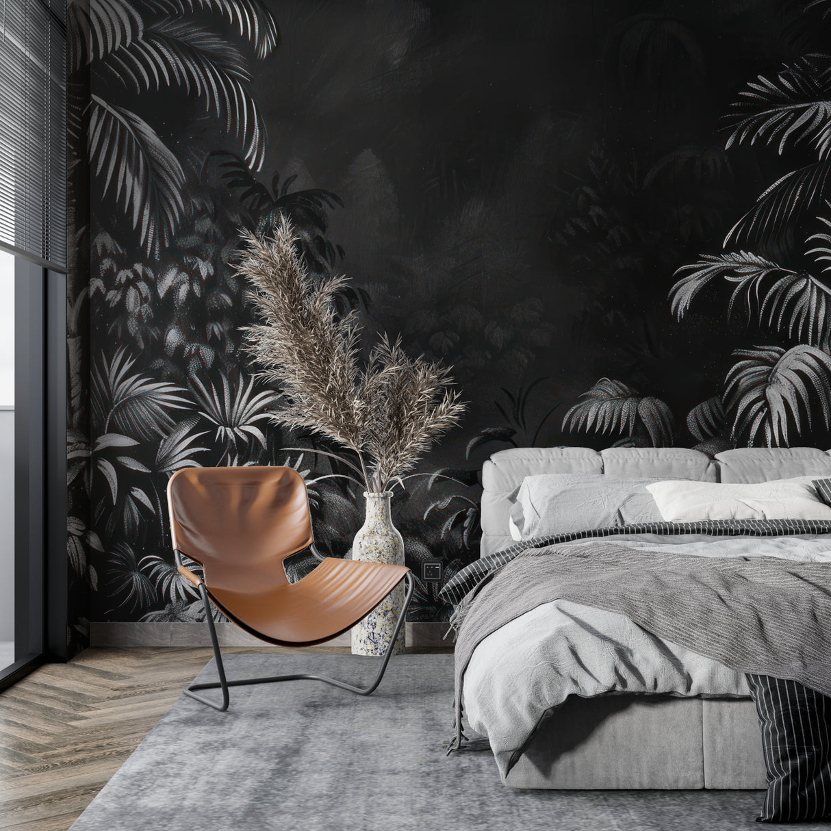 Tropical palm leaf wallpaper in modern living room showing dramatic monochrome design