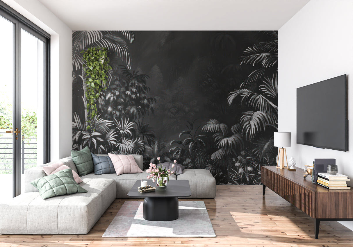 Black and white palm mural creating depth in dining room setting