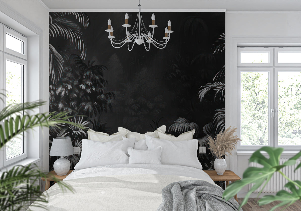 Monochrome tropical wallpaper showcased in master bedroom