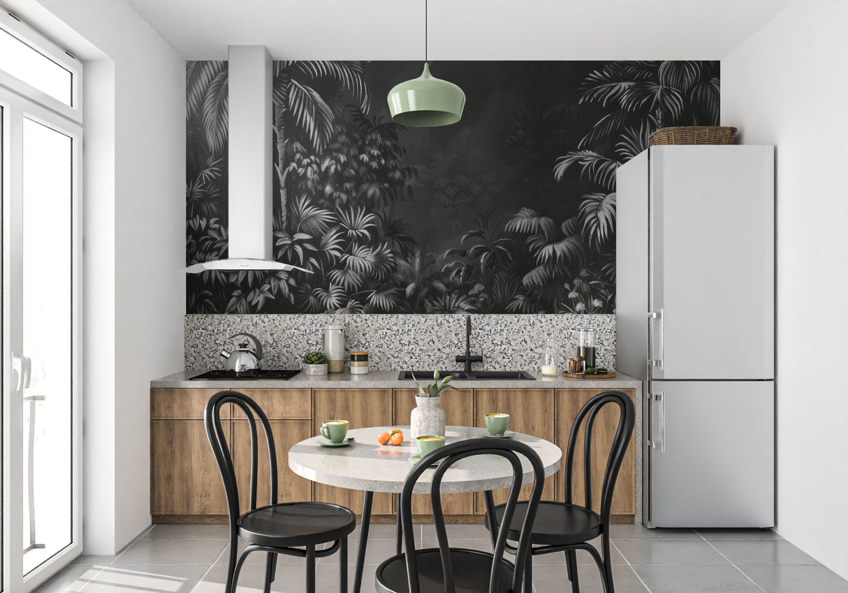 Dark palm leaf mural adding drama to home office space