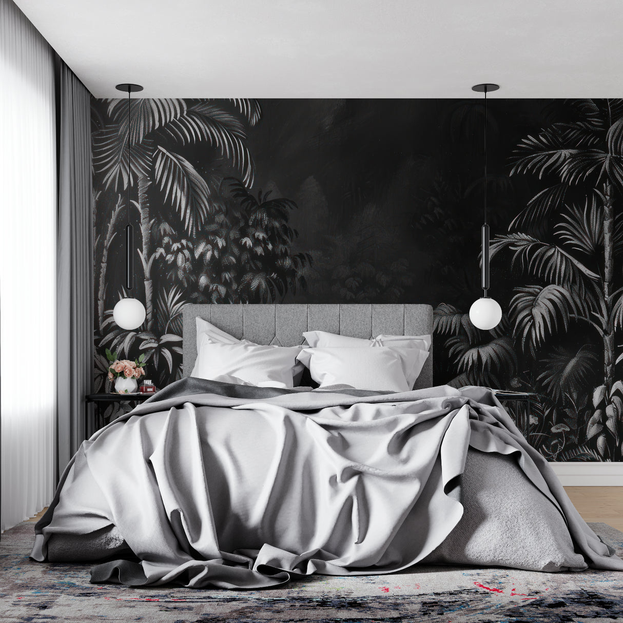 Elegant palm wallpaper installation in modern bathroom setting