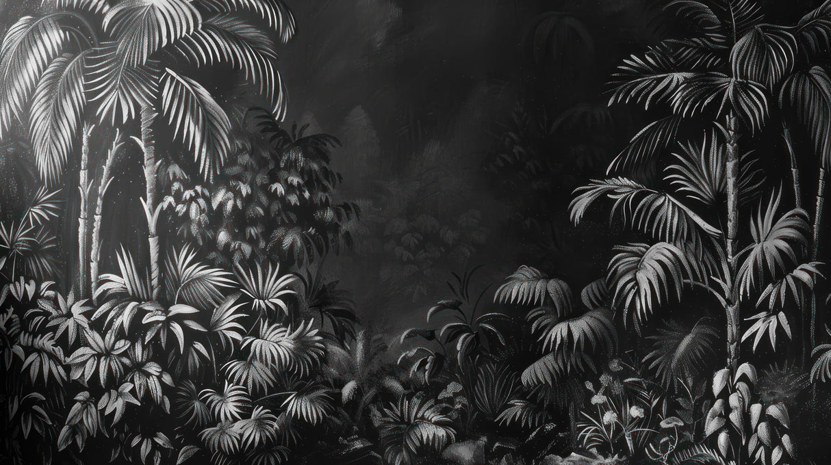 Design file of dark monochrome palm leaves pattern showing intricate botanical details