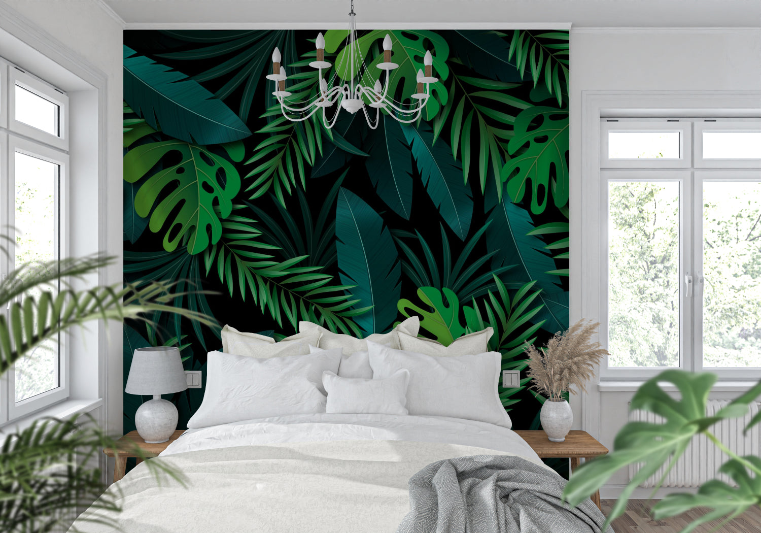 Dark botanical wall mural with palm leaves in dining room setting