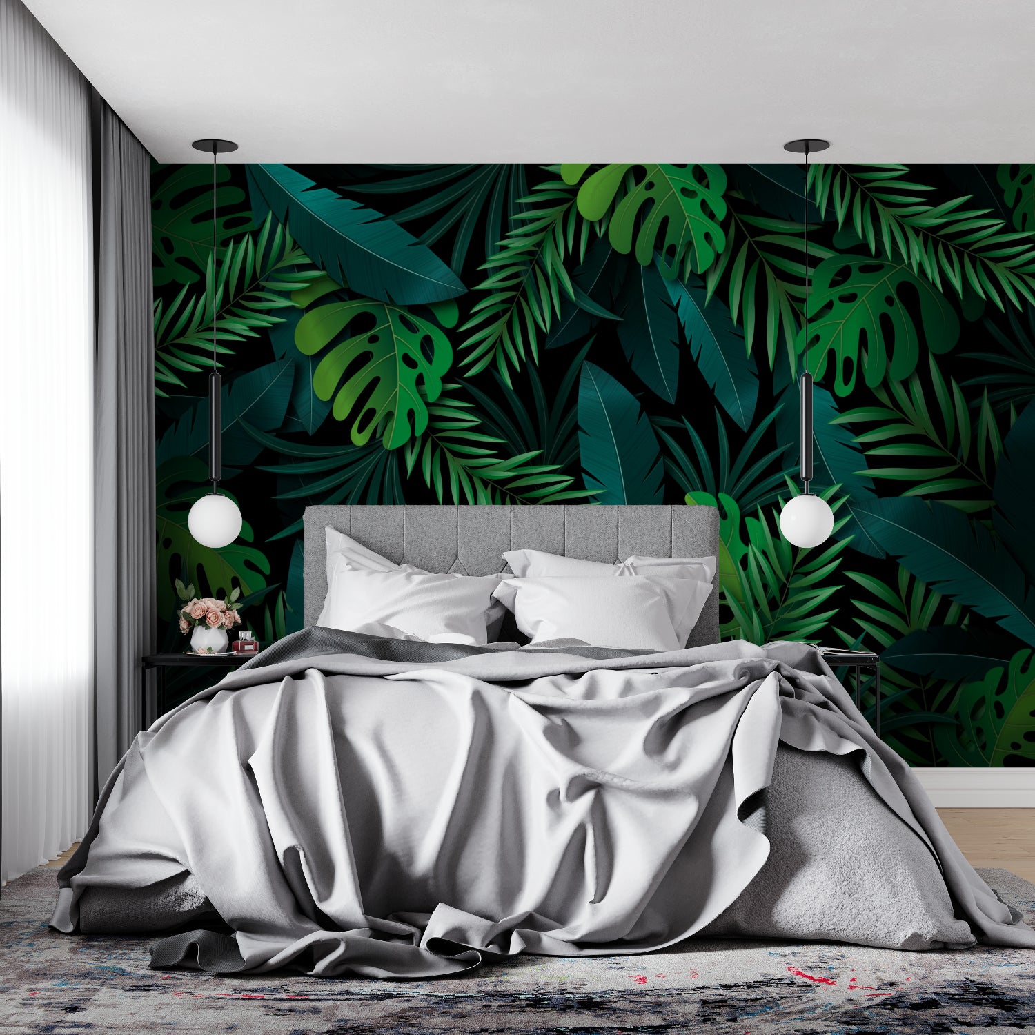 Monstera leaf wallpaper making statement in home office space