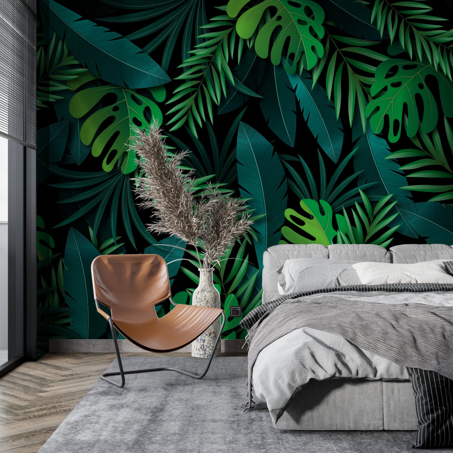 Tropical palm leaf mural creating depth in bedroom interior