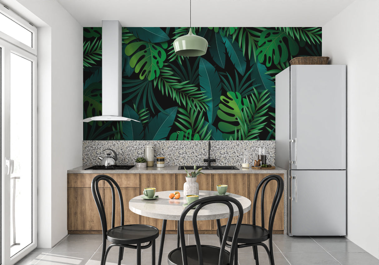 Botanical wall design adding drama to restaurant setting