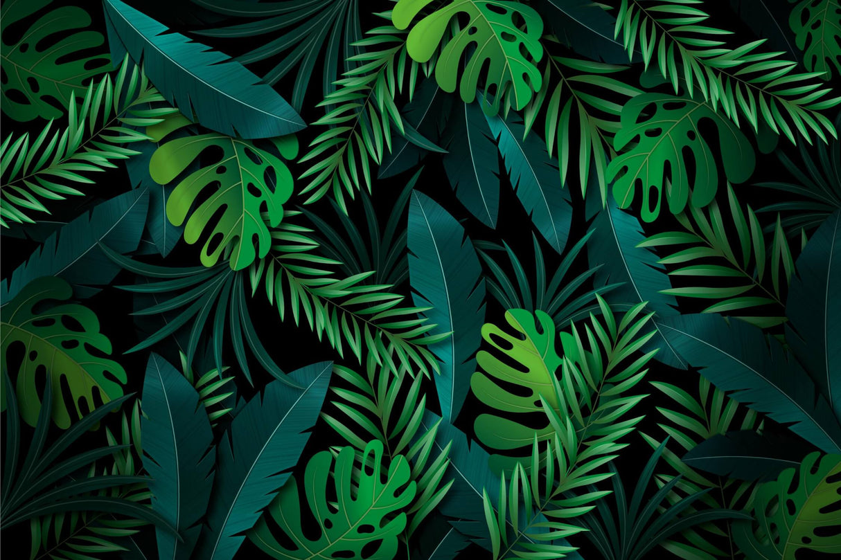 Dark tropical monstera and palm leaves design file showing intricate leaf details