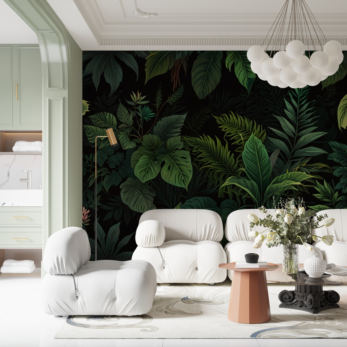 Tropical Monstera leaf wallpaper in modern living room with black sofa and natural light