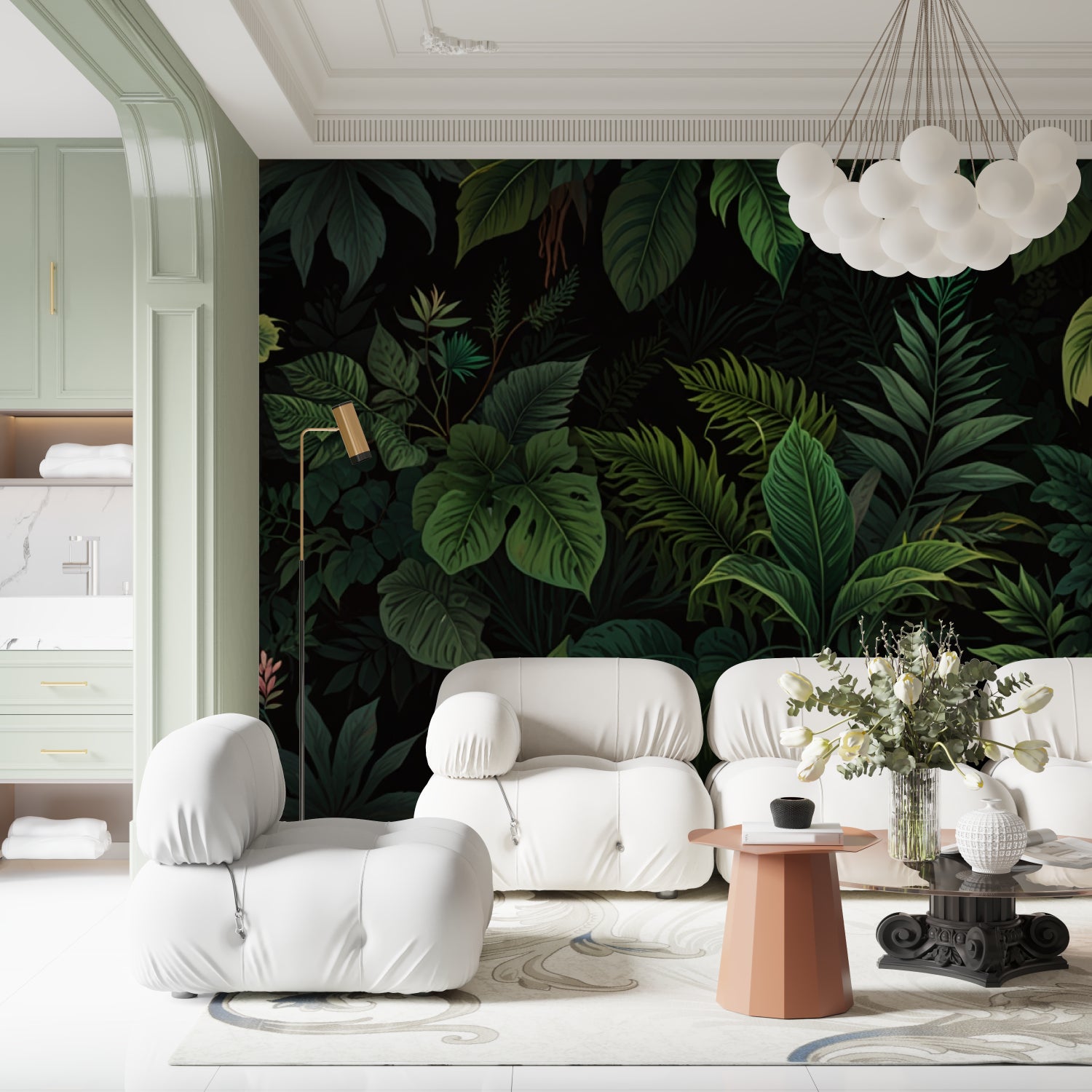 Tropical Monstera leaf wallpaper in modern living room with black sofa and natural light