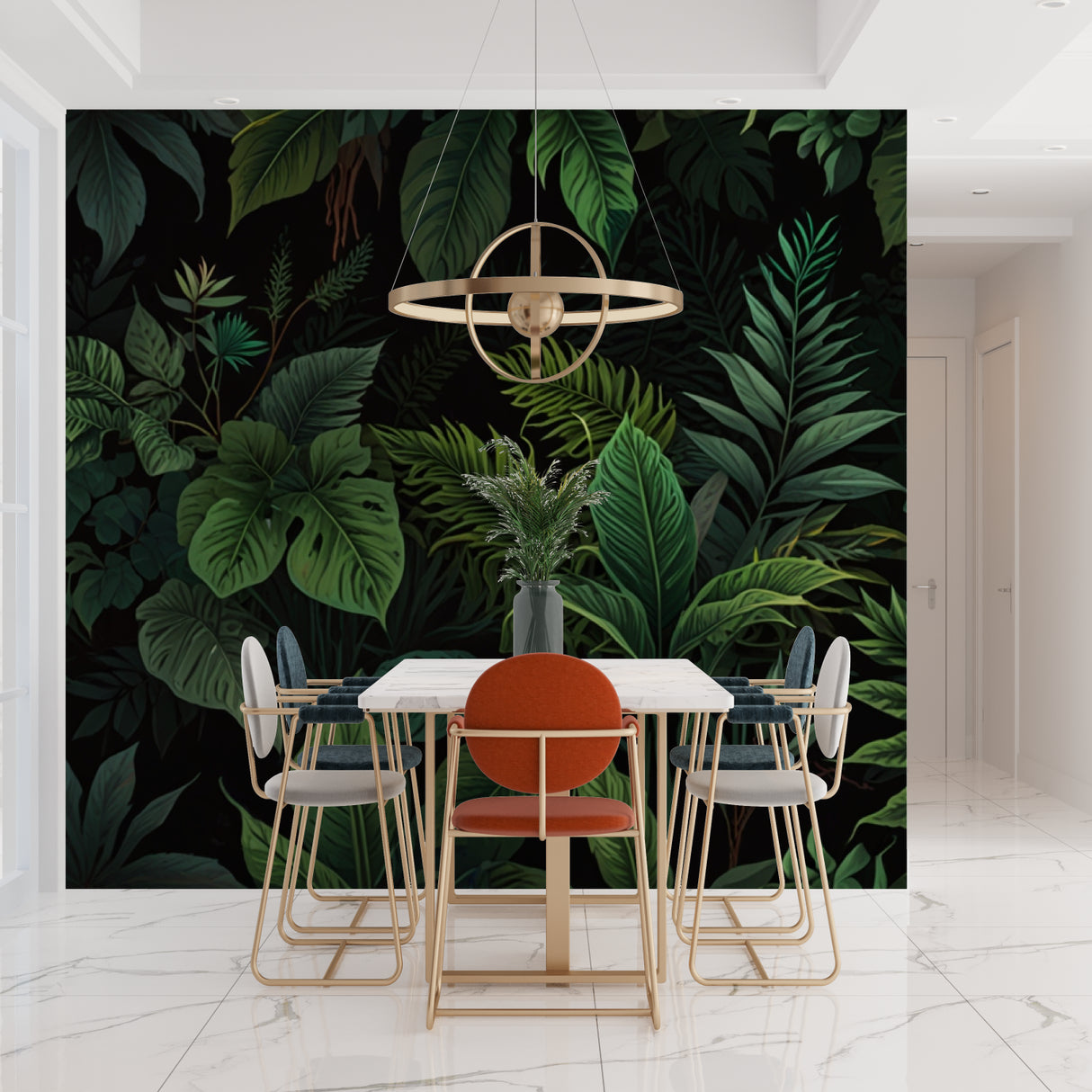 Dark botanical wall mural creating depth in minimalist dining space
