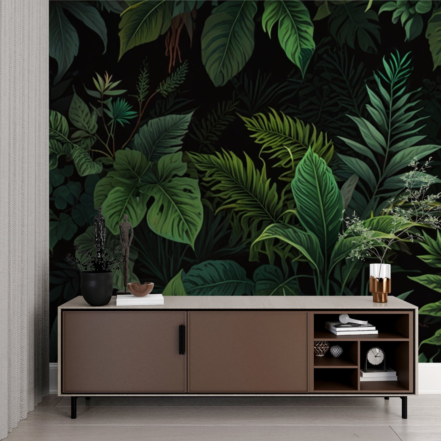 Tropical wall mural adding drama to home office space