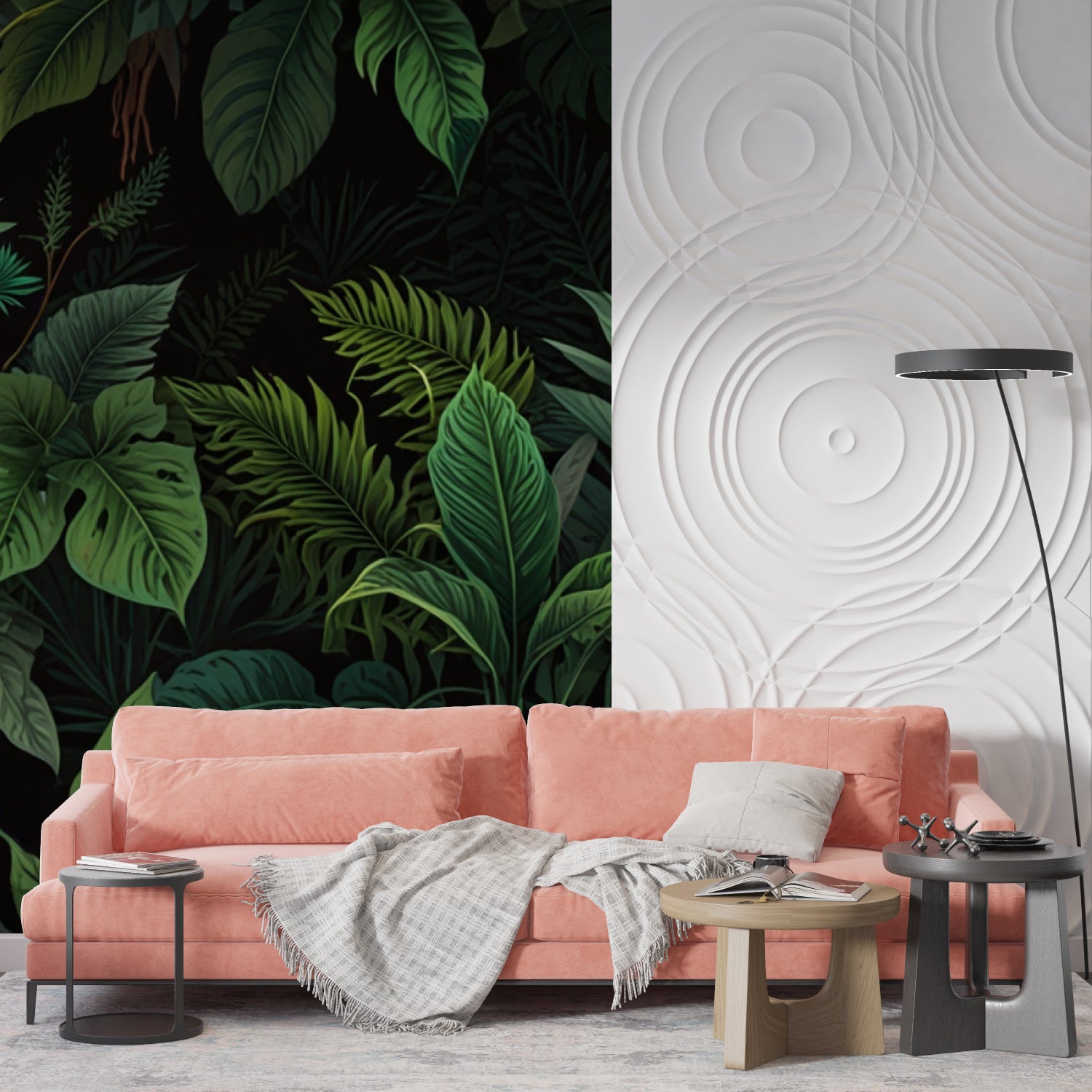 Dark green monstera wallpaper in contemporary hallway setting