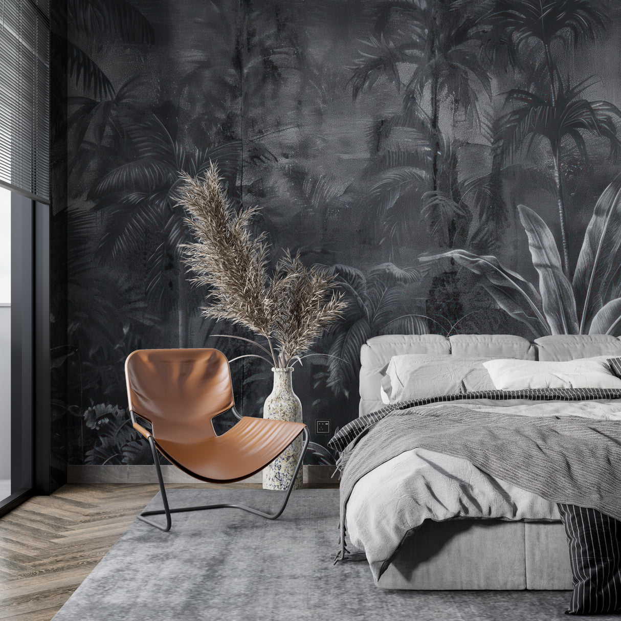 Tropical palm leaves wallpaper in modern living room with black sofa and minimal decor