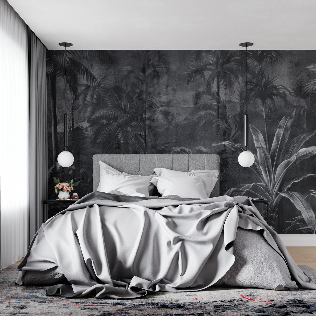 Monochrome palm leaves mural in dining room with pendant lighting