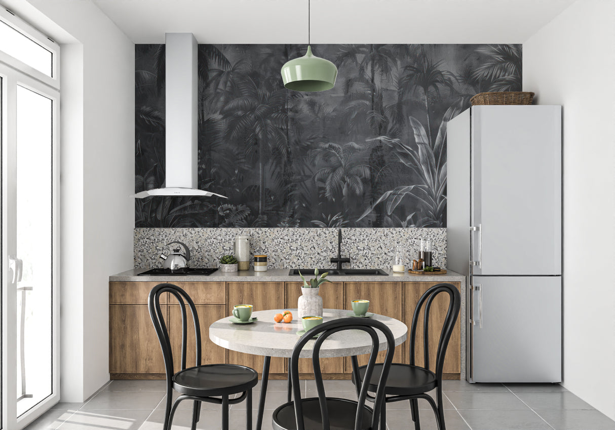 Dark tropical wallpaper adding depth to home office with white furniture