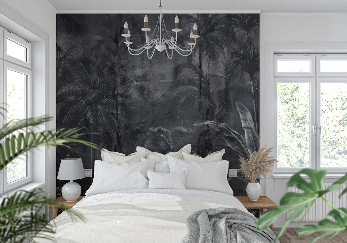 Black and white palm leaves wall mural in bathroom with modern fixtures