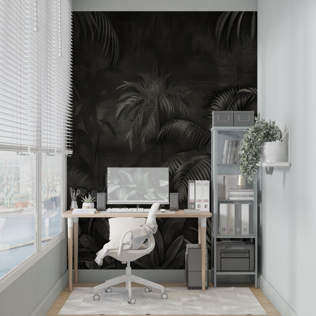 Tropical palm leaves wallpaper in modern living room with dark accent wall and minimal furniture