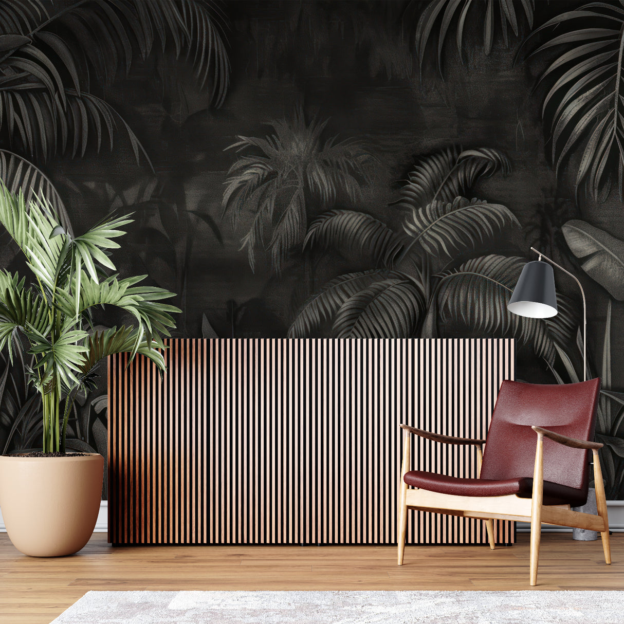 Dark palm leaves wallpaper creating drama in master bedroom with brass accents