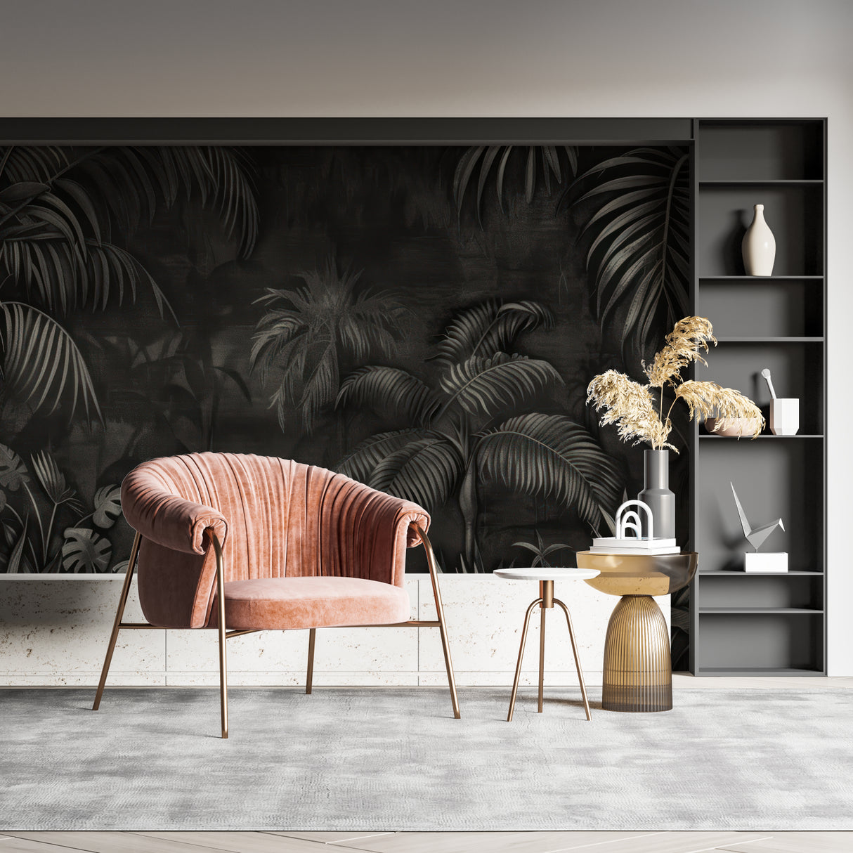 Monochrome tropical wallpaper in home office with natural lighting