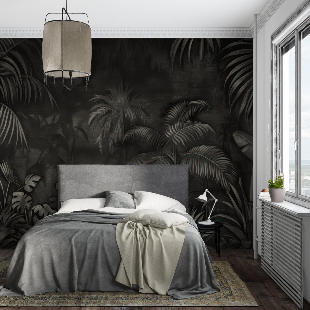 Dark botanical wallpaper in hallway with modern light fixtures