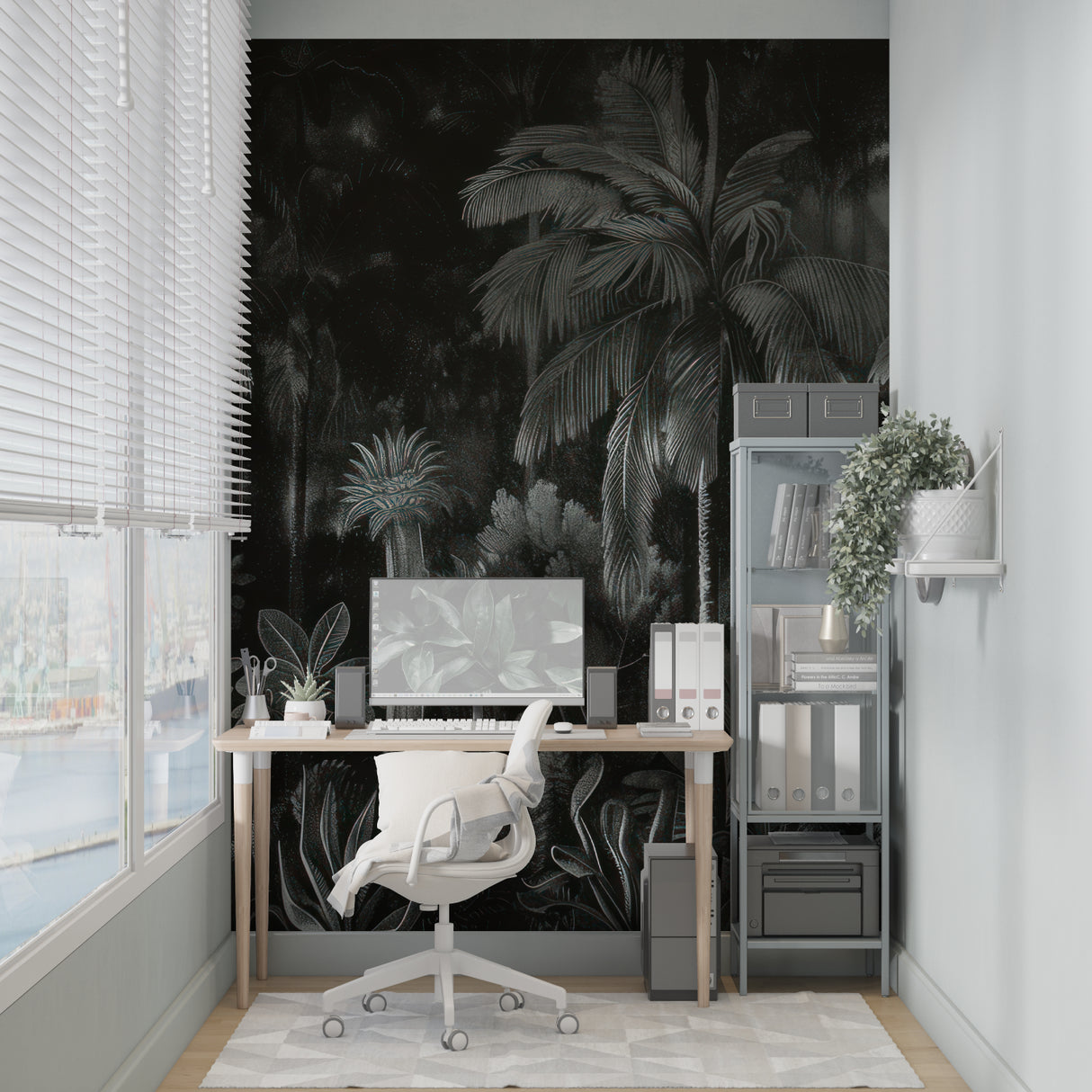 Tropical palm trees night wallpaper in modern living room with dark accent wall and contemporary furniture