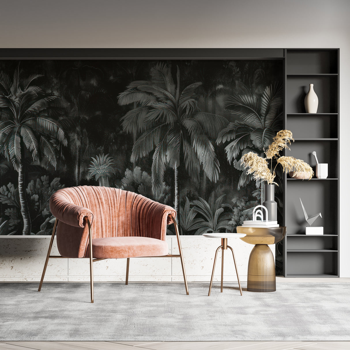 Dark tropical wallpaper creating moody atmosphere in master bedroom with minimal decor