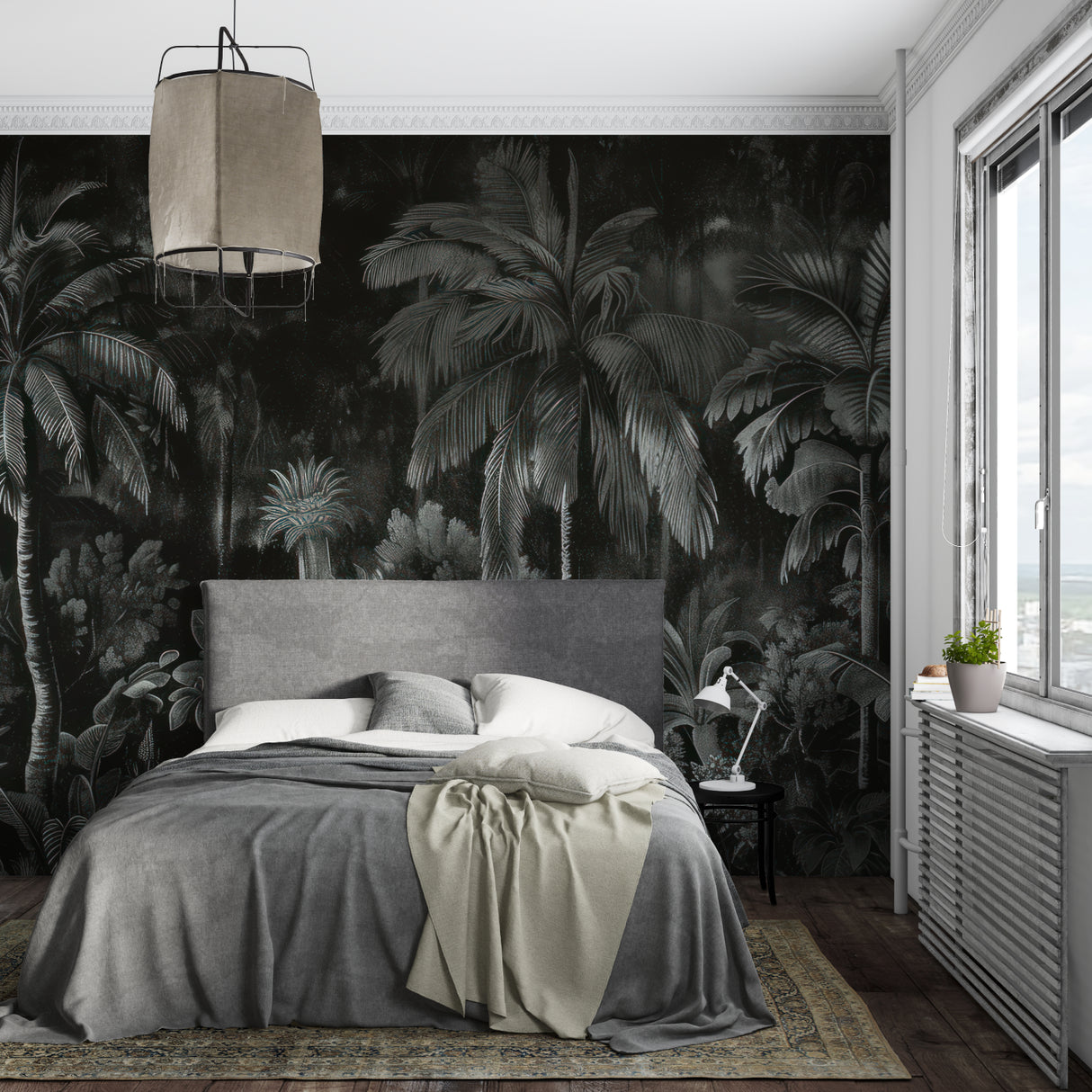 Black palm tree mural in stylish restaurant setting with ambient lighting