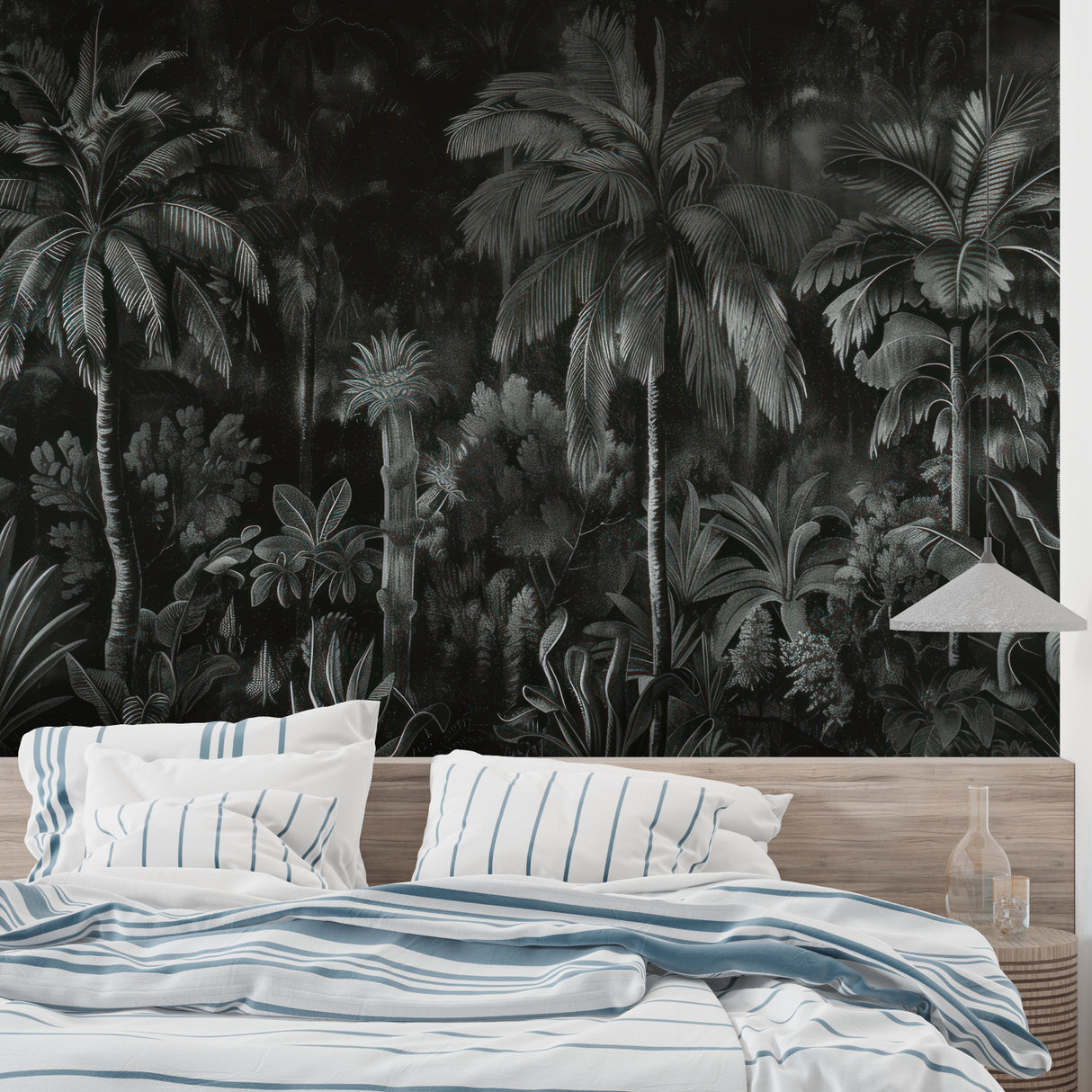 Tropical night scene wallpaper in home office with modern workspace setup
