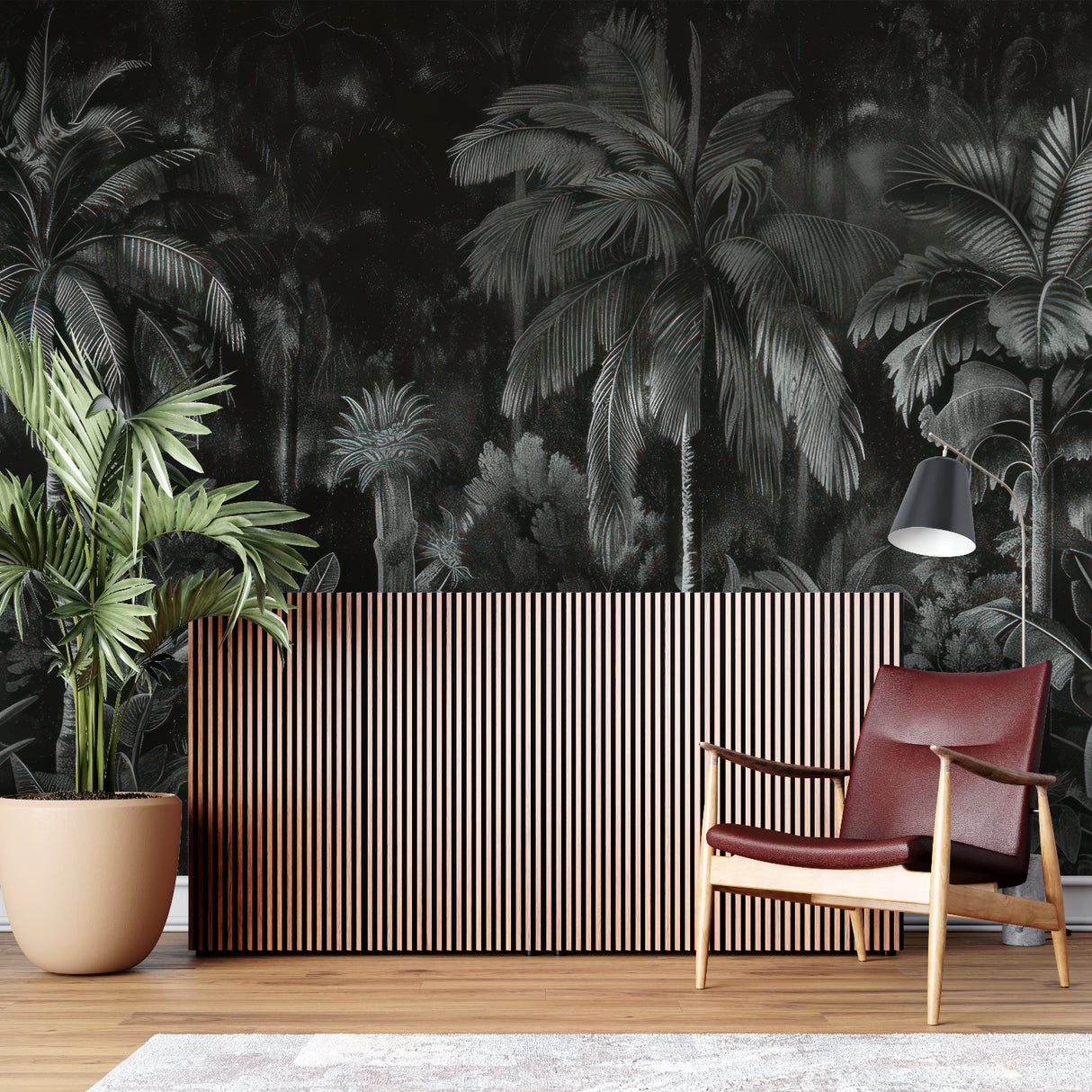 Dark jungle wallpaper making statement in boutique hotel lobby