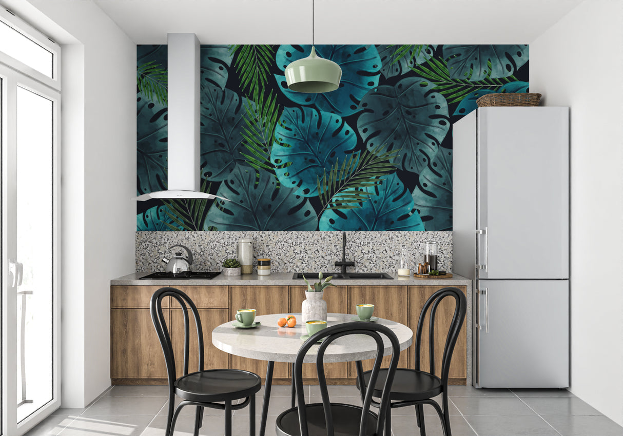 Tropical Monstera wallpaper in modern living room showing deep blue leaves against white furniture