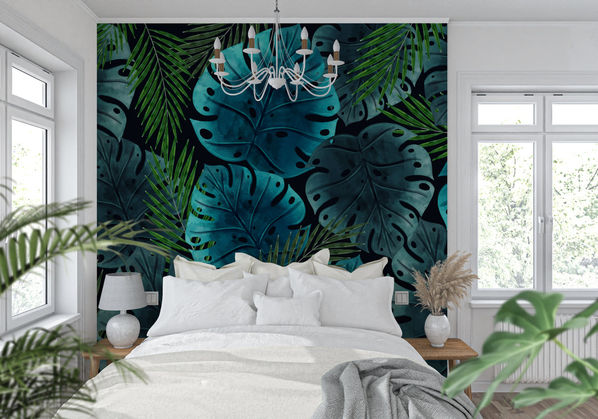 Blue Monstera leaf wallpaper creating calm atmosphere in master bedroom