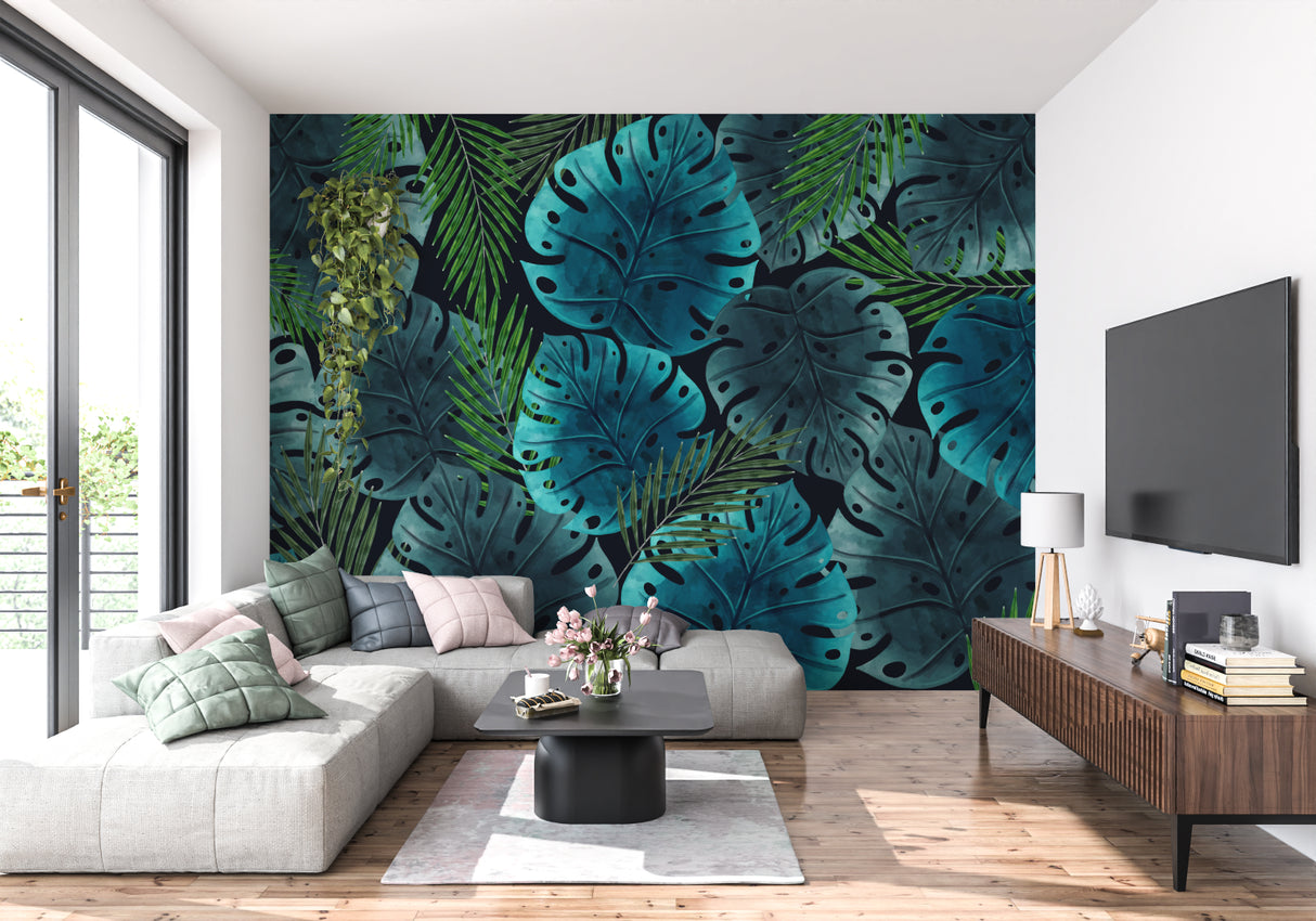 Tropical wall mural in home office with natural lighting highlighting blue-green tones