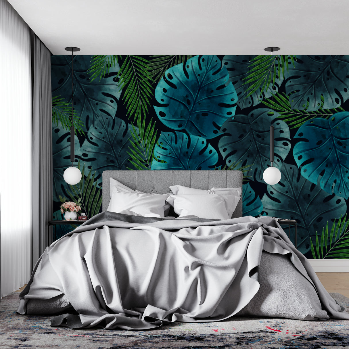 Monstera leaf wallpaper making statement in modern bathroom design
