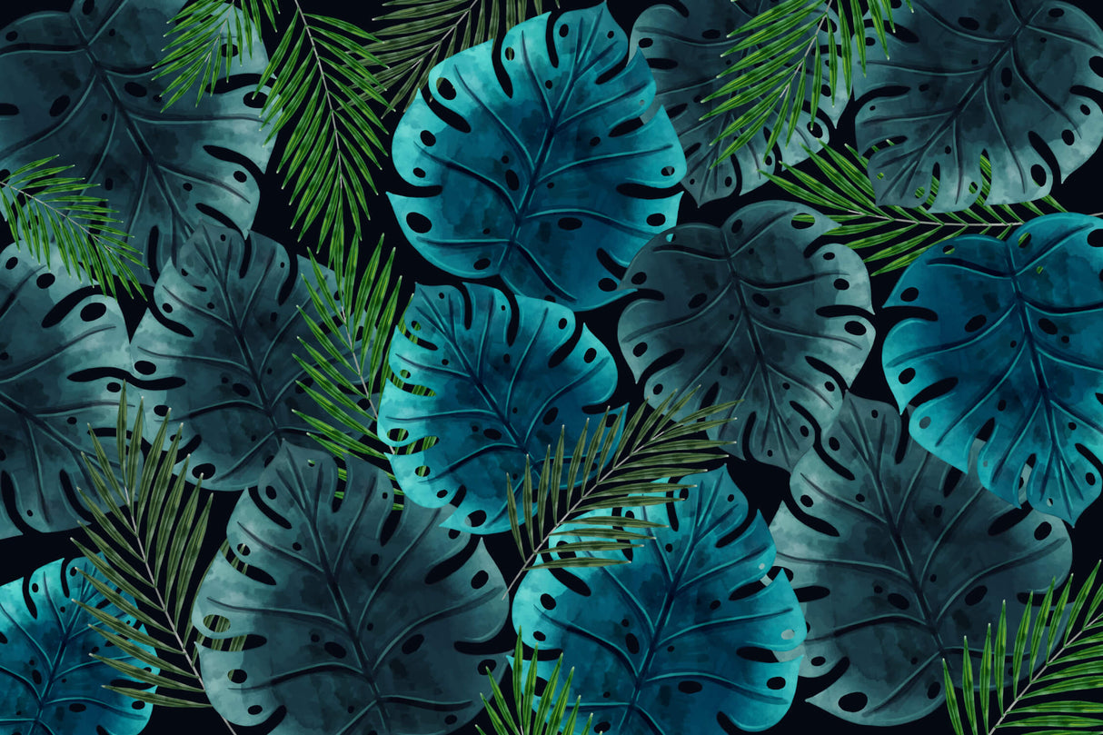 Design file showing detailed pattern of deep blue Monstera and palm leaves on dark background