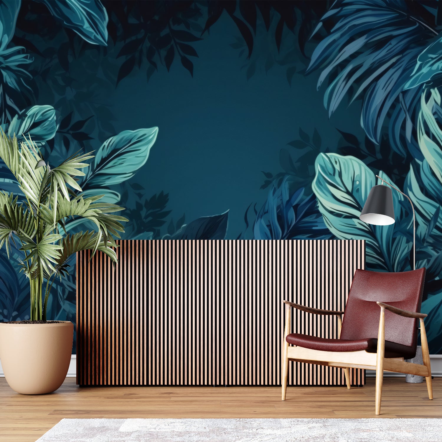 Jungle foliage mural in deep teal making a statement in a dining room setting