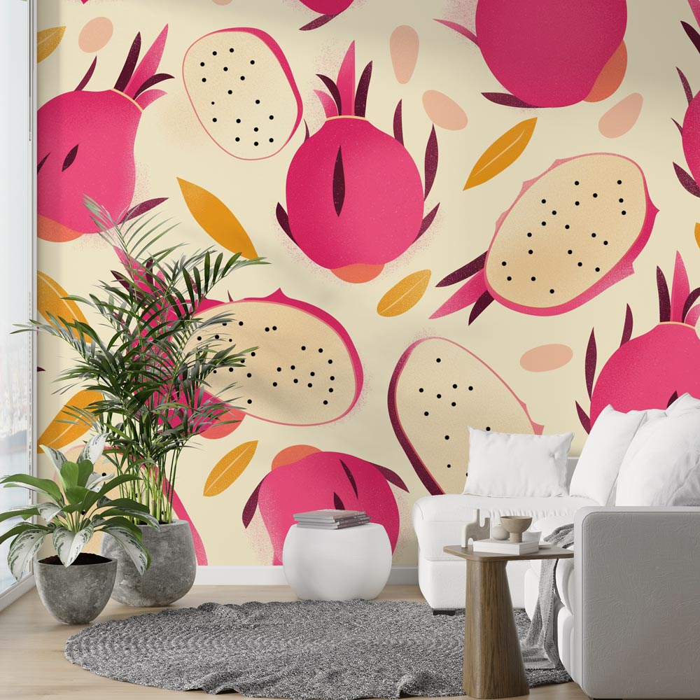 Dragon fruit wallpaper bringing fresh tropical style to a modern white kitchen with pink accents