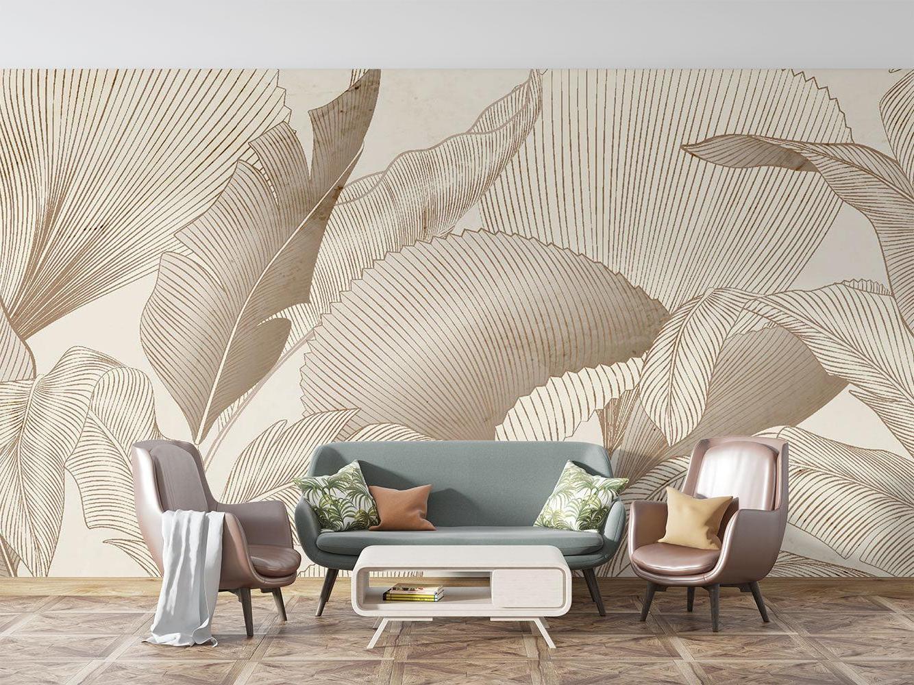 Elegant palm leaf mural in minimalist bedroom setting